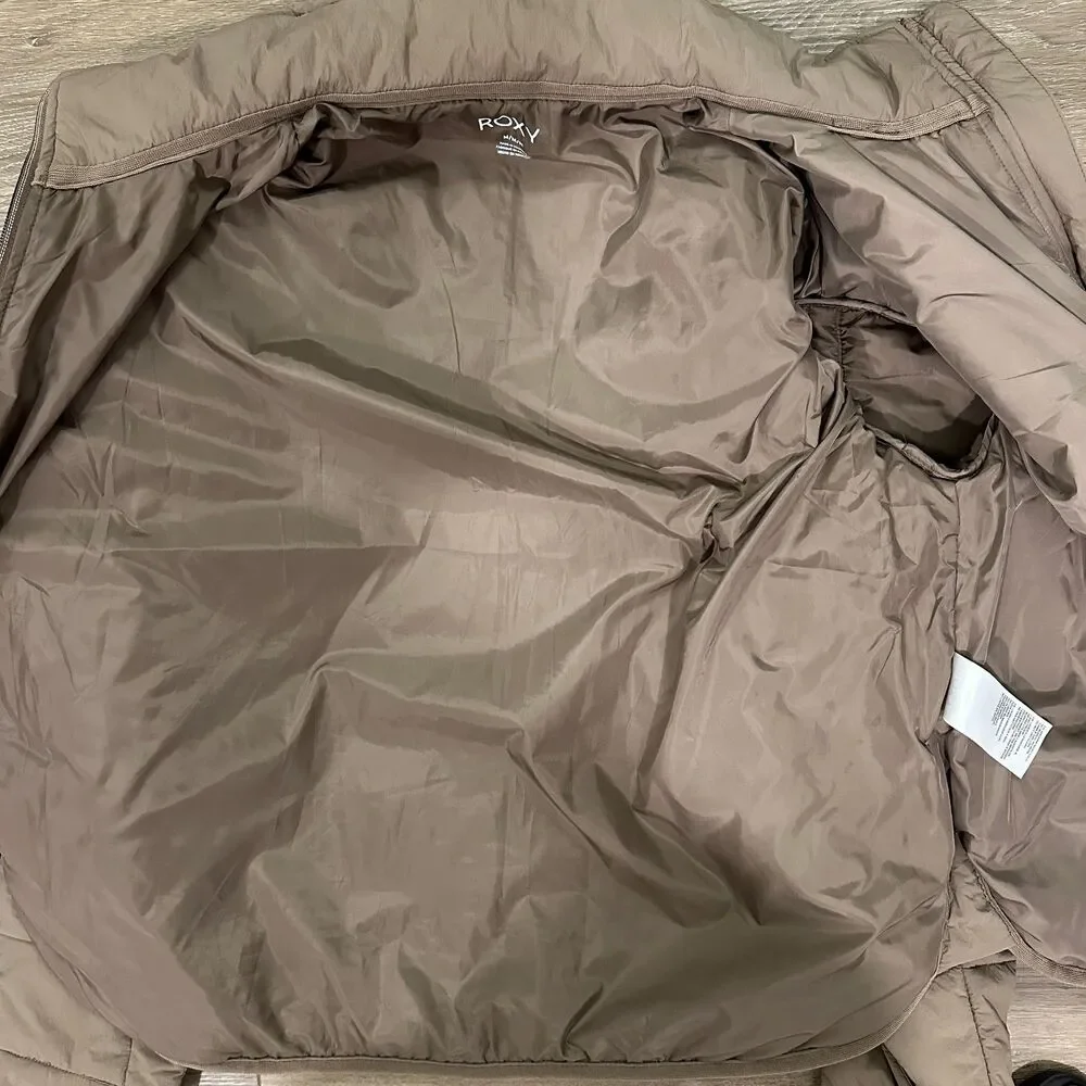 Roxy Quilted Puffer Jacket Brown Warm Mock Neck Full Zip Boxy Size Medium M